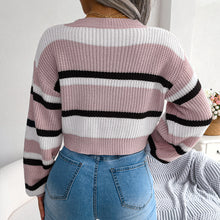 Load image into Gallery viewer, Tricolor Striped Round Neck Cropped Sweater
