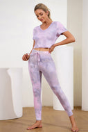 Tie-Dye Cropped Hoodie and Drawstring Leggings Yoga Set