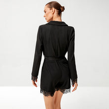 Load image into Gallery viewer, Lace Trim Belted Lapel Collar Romper
