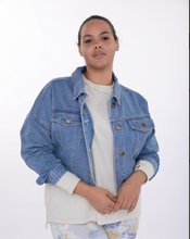 Load image into Gallery viewer, Miss Cropped Raw &amp; Ribbed Denim Jacket Medium Wash by mono b
