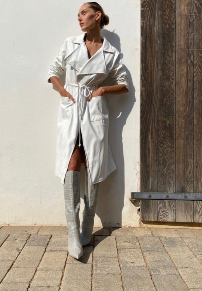 PU Collared Trench Coat With Waist Tie and Pockets White | DIBS 715