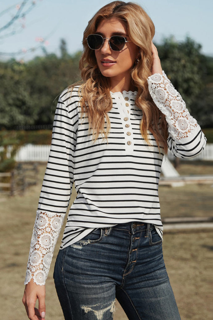Crochet Lace Sleeve Striped Blouse