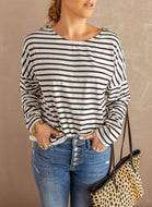 Striped Long Sleeve Lace Trim Top