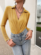 Collared Deep V Velour Bodysuit