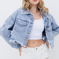 Cropped Raw Hem Dropped Shoulder Denim Jacket