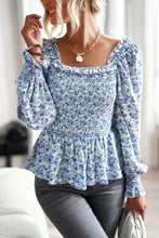 Load image into Gallery viewer, Floral Frill Trim Smocked Flounce Sleeve Peplum Blouse
