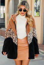 Load image into Gallery viewer, Leopard Color Block Hooded Teddy Jacket with Pockets
