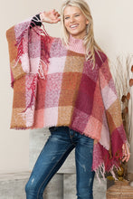 Load image into Gallery viewer, Justin Taylor Plaid High Neck Raw Hem Poncho with Fringes
