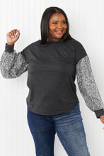 Load image into Gallery viewer, HOPELY Full Size Sequin Puff Sleeve Curved Hem Top in Charcoal
