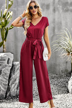 Load image into Gallery viewer, Tie Belt V-Neck Short Sleeve Jumpsuit
