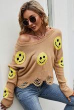 Load image into Gallery viewer, Smiley Face Distressed Round Neck Sweater
