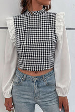 Load image into Gallery viewer, Houndstooth Ruffle Shoulder Mock Neck Crop Top
