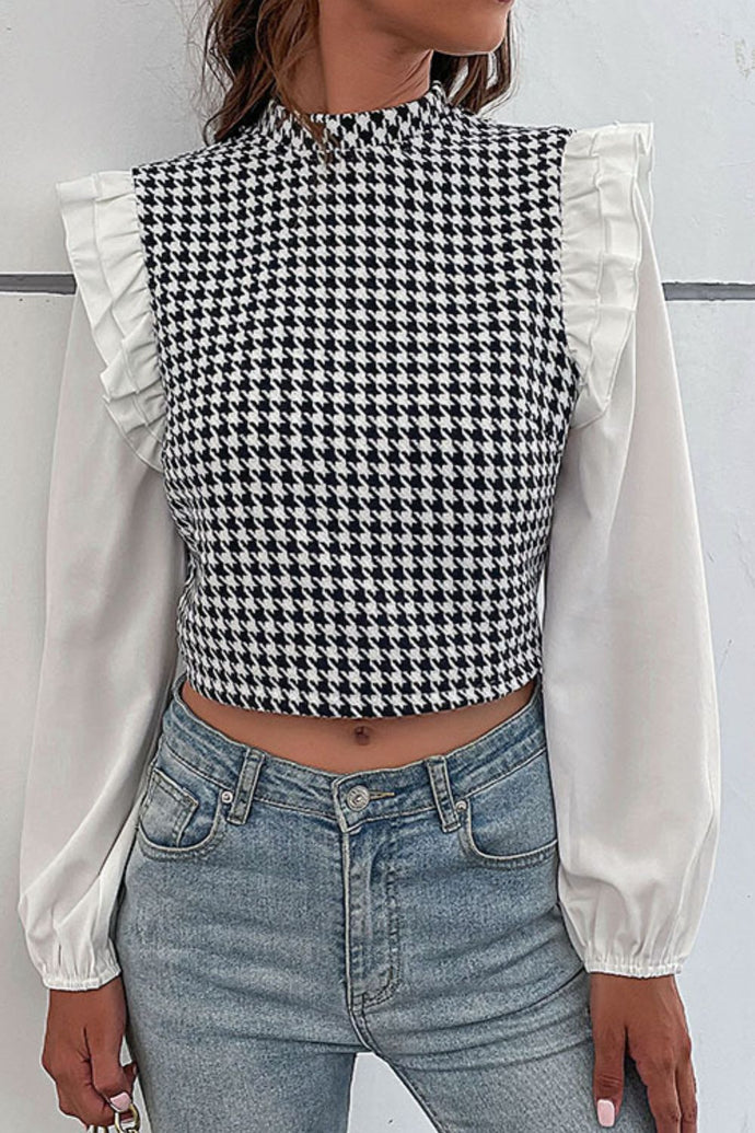 Houndstooth Ruffle Shoulder Mock Neck Crop Top