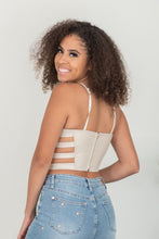 Load image into Gallery viewer, SHOPIRISBASIC Ready to Go Faux Leather Strappy Bustier Crop Top in Oyster
