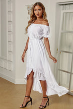 Load image into Gallery viewer, Off-Shoulder Drawstring Waist Ruffled High-Low Dress
