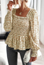 Load image into Gallery viewer, Floral Frill Trim Smocked Flounce Sleeve Peplum Blouse
