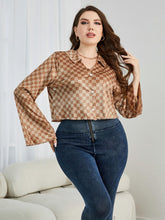 Load image into Gallery viewer, Plus Size Checkered Johnny Collar Flare Sleeve Shirt
