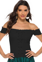 Load image into Gallery viewer, Lace-Up Front Lettuce Hem Off-Shoulder Knit Top
