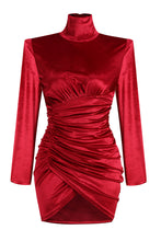 Load image into Gallery viewer, Ruched Tulip Hem Velvet Mini Dress

