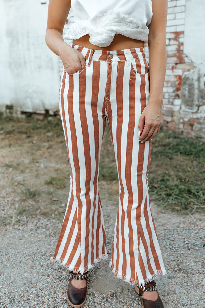 Striped Raw Hem Bell Bottom Jeans