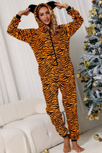 Load image into Gallery viewer, Animal Print Zip-Up Hooded Flannel Jumpsuit with Pockets
