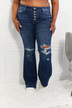 Load image into Gallery viewer, ON SALE! KANCAN Dark Blue Wash Flare mid rise jeans w/distressed Knees detail

