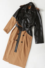 Load image into Gallery viewer, GAWQO Spliced Faux Leather Tie Waist Trench Coat
