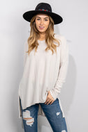 Zenana Full Size Side Slit Drop Shoulder Waffle-Knit Top in Bone
