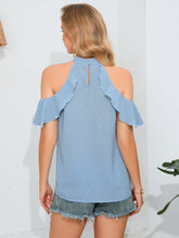 Load image into Gallery viewer, Cold Shoulder Mock Neck Swiss Dot Blouse
