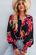 Printed Lantern Sleeve Button-Up Shirt