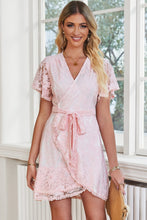 Load image into Gallery viewer, Tie Waist Surplice Neck Pom-Pom Trim Dress
