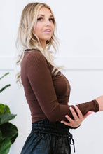 Load image into Gallery viewer, Chocolate USA Half Button Down Ribbed Collared Neck Knit Top
