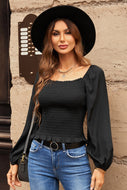 Smocked Ruffle Hem Balloon Sleeve Top