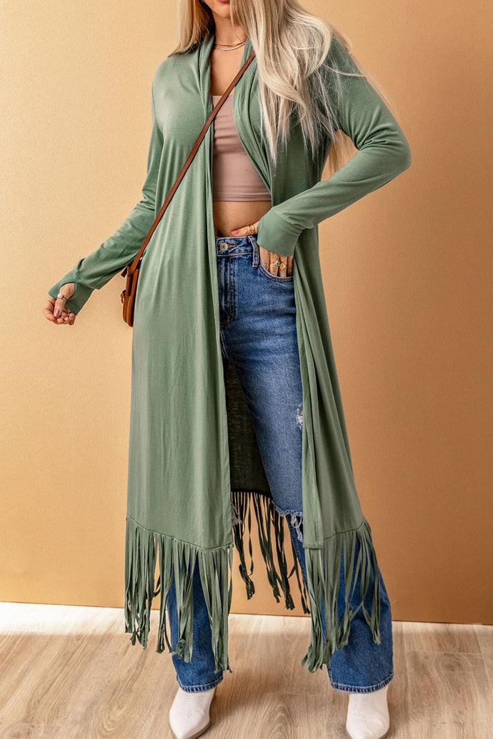 Fringe Hem Open Front Thumbhole Sleeve Duster Cardigan
