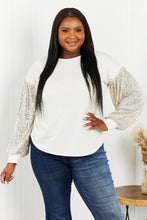 Load image into Gallery viewer, HOPELY Full Size Sequin Puff Sleeve Curved Hem Top in Cream/Taupe
