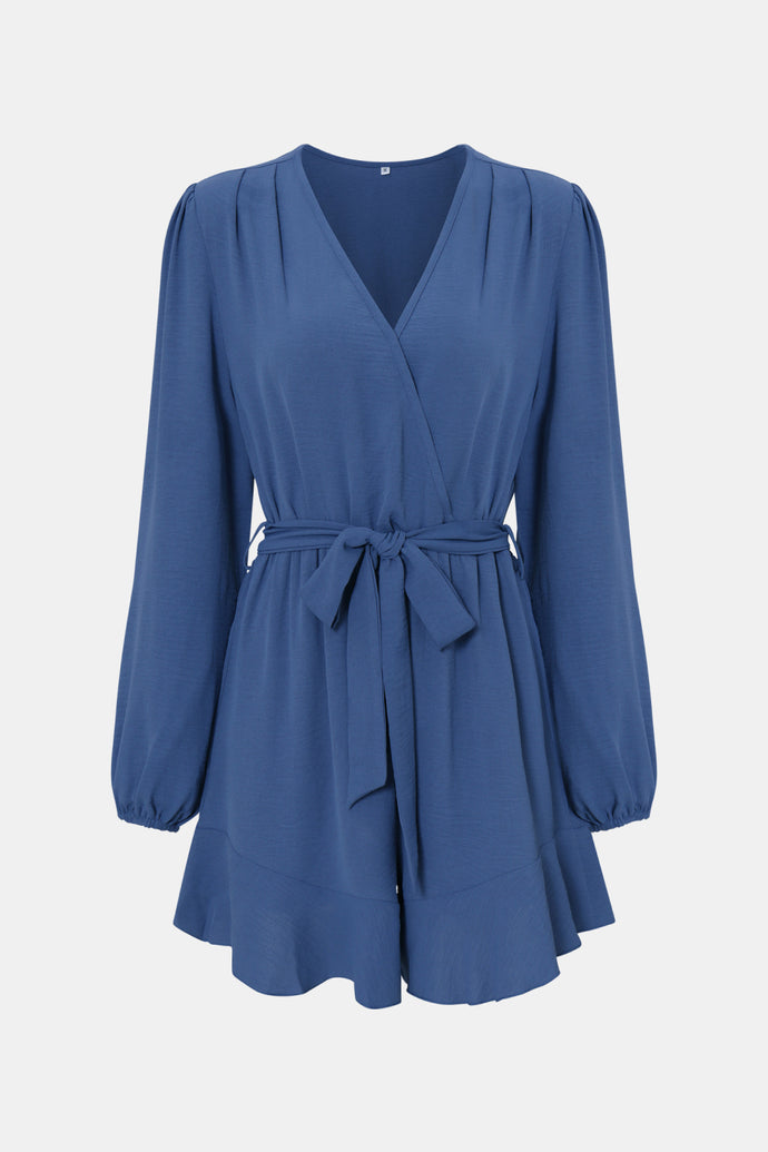 Tie-Waist Balloon Sleeve Ruffled Surplice Romper