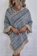 Heathered V-Neck Fringe Hem Poncho