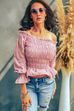 Load image into Gallery viewer, Swiss Dot Smocked Off-Shoulder Peplum Top
