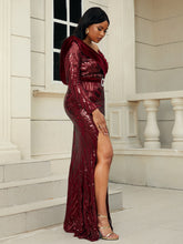 Load image into Gallery viewer, Plus Size Sequin Ruched Tie-Back Split Dress
