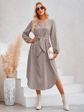 Load image into Gallery viewer, Striped Notched Neck Curved Hem Long Sleeve Dress
