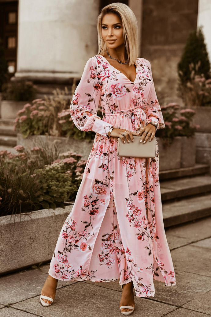 Floral Side Split Belted Puff Sleeve Maxi Dress