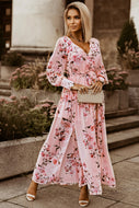 Floral Side Split Belted Puff Sleeve Maxi Dress