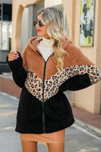 Load image into Gallery viewer, Leopard Color Block Hooded Teddy Jacket with Pockets
