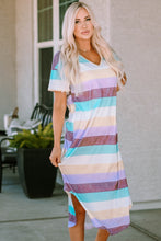 Load image into Gallery viewer, Striped V-Neck Slit Curved Hem Midi Dress
