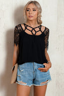 Strappy Neck Spliced Lace Top