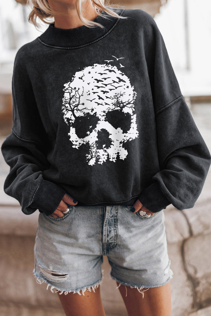 Round Neck Dropped Skull Graphic Sweatshirt