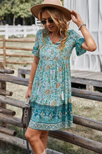 Load image into Gallery viewer, Printed Bohemian Style Tie Neck Flounce Sleeve Mini Dress
