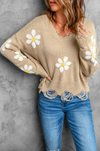 Load image into Gallery viewer, Floral Ribbed Trim Distressed Sweater
