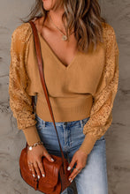 Load image into Gallery viewer, Ribbed Trim Lace Lantern Sleeve Knit Top
