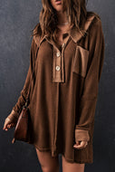 Waffle Knit Buttoned Long Sleeve Top with Breast Pocket